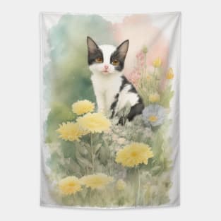 Black-white Cat in the Flower Garden Soft Pastel Colors Tapestry