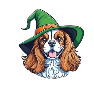 A brown and white dog wearing a green witches hat T-Shirt