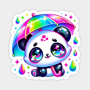 Kawaii Panda with Umbrella Holographic Neon Rainbow Chibi Magnet