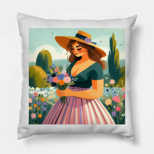 Beautiful woman in a dress holding flowers in nature landscape art Pillow