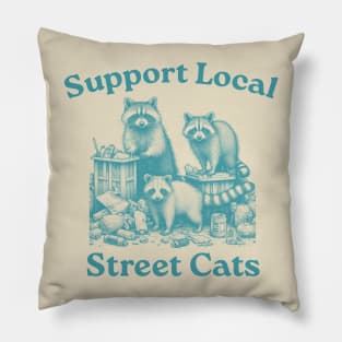 Support Your Local Street Cats, Retro, Vintage Raccoon, Nostalgia Pillow
