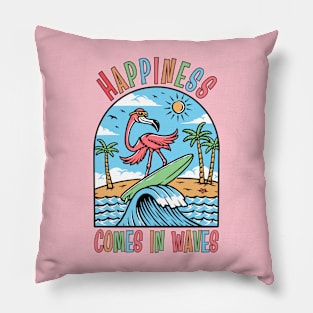 Happiness Comes In Waves, Vintage Summer Vacation Pillow