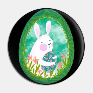 Cute white bunny with floral easter egg decoration on blue sky, version 4 Pin