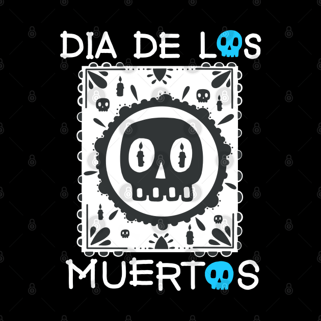 Dia De Los Muertos - White and Blue - Papel Picado - Black Skull by Scriptnbones