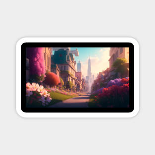 City street with beautiful flowers Magnet