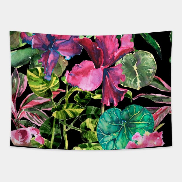 Seamless tropical flower, plant and leaf pattern background Tapestry by Olga Berlet