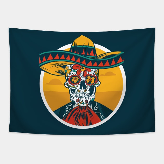 Day of the Dead Sugar Skull Vaquero with Sombrero Tapestry by SLAG_Creative