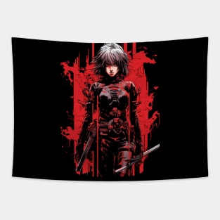 Futuristic Ninja Blade: Red & Black Manga Print Tapestry