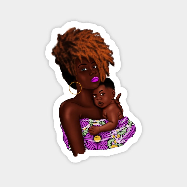 Afro Woman with Child, African Purple Pattern Magnet by logiamerch