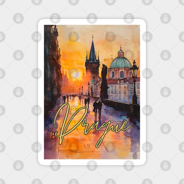 Prague Sunset Gothic Skyline Poster – Watercolor Travel Print Magnet by TuncGK