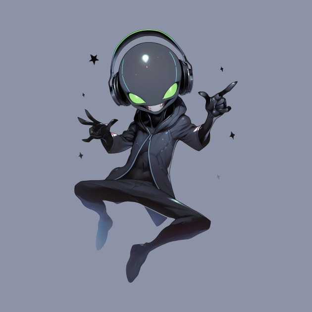 An alien is listening to music in headphones by Logard