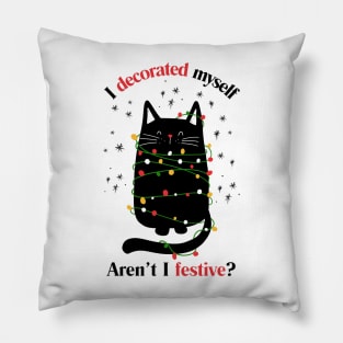 Funny Christmas Cat Wrapped in Lights, Festive Feline Pillow