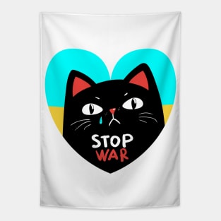 Stop war banner, poster, flyer, card, badge or sticker print design with grumpy black cat Tapestry