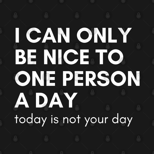 I Can Only Be Nice To One Person A Day. Today Is Not Your Day. Funny Sarcastic NSFW Rude Inappropriate Saying by That Cheeky Tee