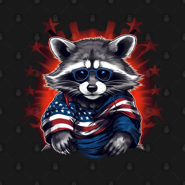 cool raccoon proudly American flaG by Suga Collection
