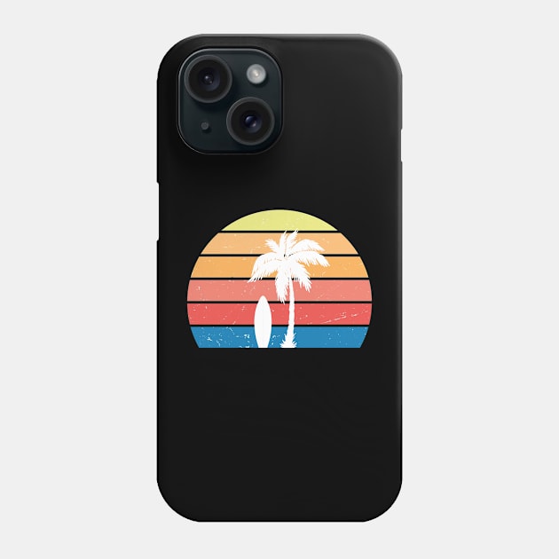 Retro sunset palmtree surfboard Phone Case by gegogneto