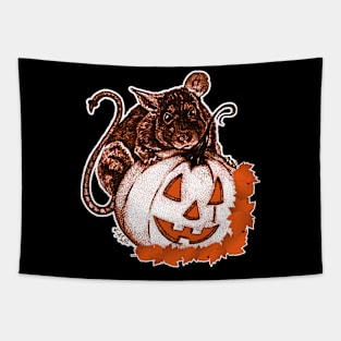 Cute Halloween Rat and Pumpkin Graphic With Fall Leaves Tapestry