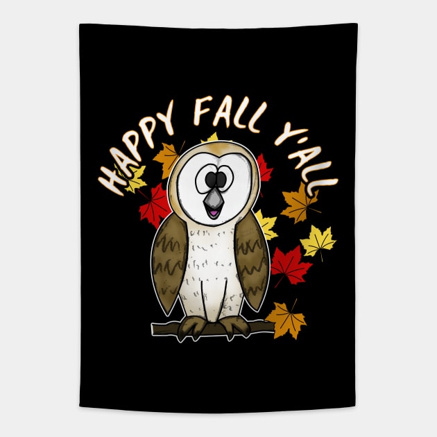 Happy Fall Y'All Owl Leaves Autumn October Tapestry by doodlerob