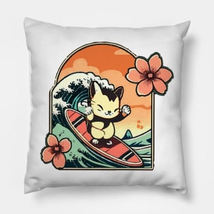 Surfing Kitty at Sunset Pillow