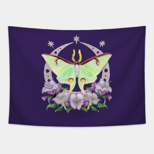 Nighttime Moth - Luna Moth with Purple Daturas on Indigo Tapestry