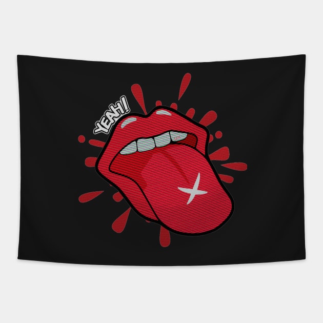 Yeah, Rock &amp; Roll!!. Rock language customized with a cross on the tip and the expression: Yeah!! Stick out your tongue, smile! Tapestry by Rebeldía Pura