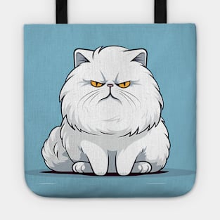 Cute Cartoon Grumpy White Cat on a blue background Tote