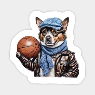 a dog wearing a leather jacket  and a hat holding a basketball ball Magnet