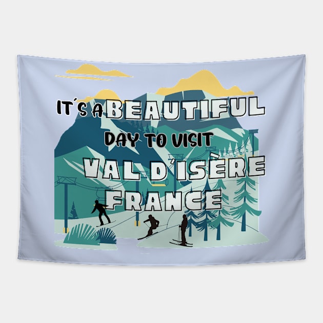 Travel to beautiful Val d’Isère in France. Gift ideas for the travel enthusiast available on t-shirts, stickers, mugs, and phone cases, among other things. Tapestry by Papilio Art