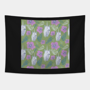 Unicorn and Hibiscus Pink Green Floral Pattern Tapestry