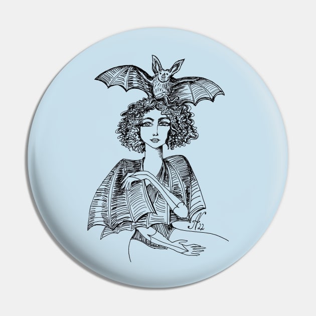 Bat Girl with a Bat Friend Pin by Anna Nadler Art