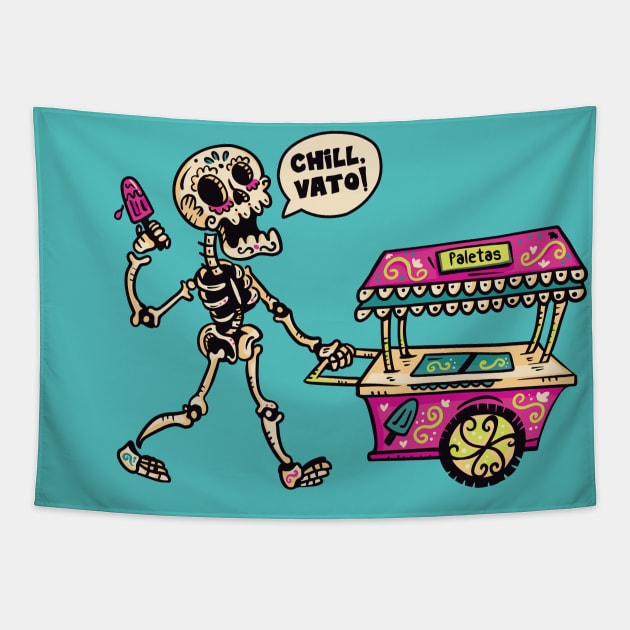 Chill, Vato! // Funny Day of the Dead Sugar Skull Ice Cream Tapestry by SLAG_Creative