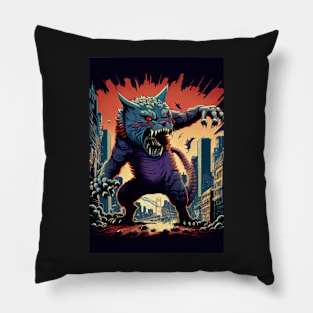 Giant Angry blue Cat attacking a city Pillow