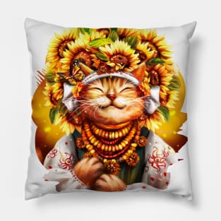 Ukrainian cat in folk costume, wearing a wreath of sunflowers, basking in the sun Pillow