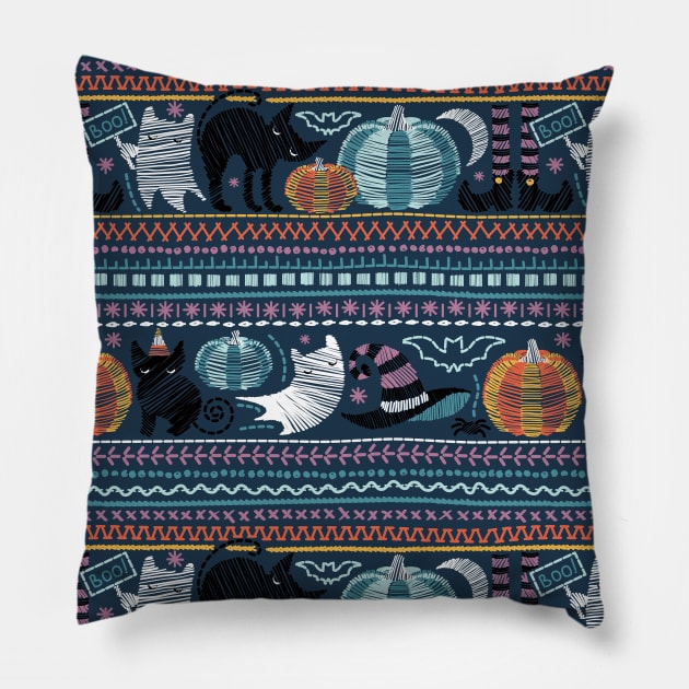 Embroidery Halloween // black cats orange and teal pumpkins white ghosts and purple stitches on teal background Pillow by SelmaCardoso