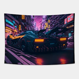 Dark Neon City Sports Car Tapestry