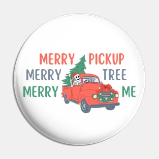 Funny Christmas Skeleton Wearing Santa Hat, Pickup Truck with Tree Pin