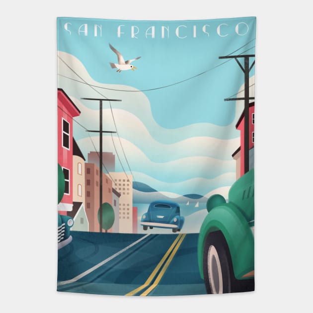 Vintage Art Deco San Francisco Tapestry by WickIllustration