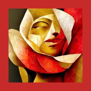 cubism, rose, flower, golden, red, woman T-Shirt