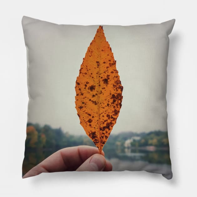 hand holding yellow leaf Pillow by psychoshadow