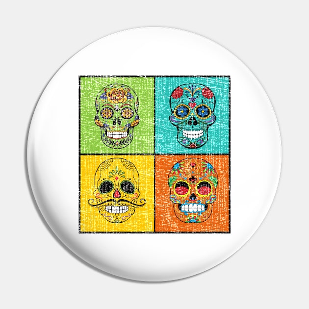 Mexican Day of the Dead Sugar Skulls Pop Art Distressed Pin by Webdango