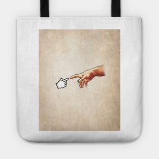 Funny 8bit Nerd & Geek Humor (Creation of Adam Parody) Tote