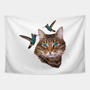 Cat and hummingbirds Tapestry