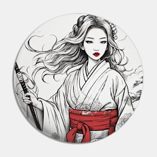 PAINTING  JAPANESE GIRL BLACK AND WHITE Pin