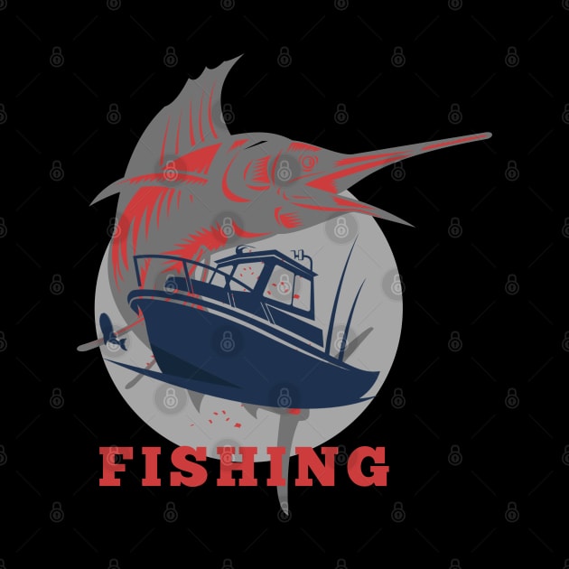 marlin fishing and boat red by lmdesignco