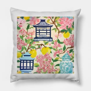 Lemons and cherry blossom chinoiserie garden Pillow