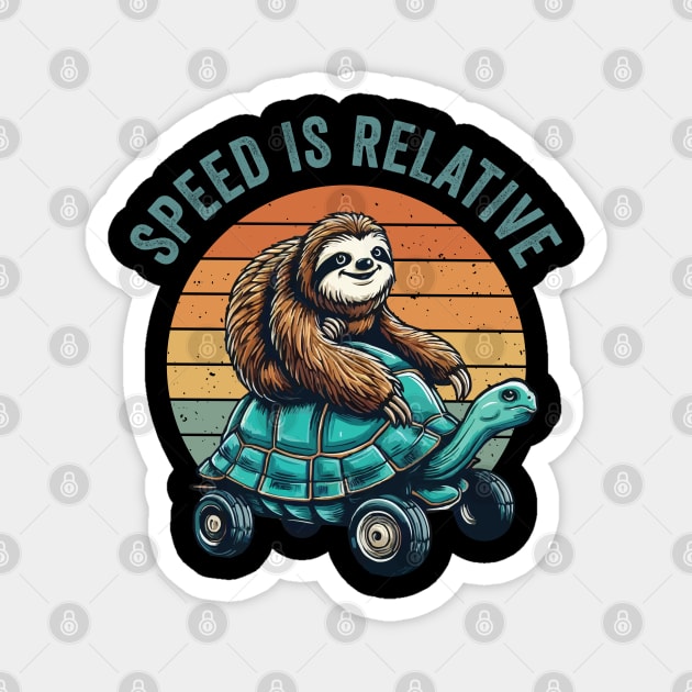 Funny Vintage Lazy Sloth Riding Tortoise Speed is Relative Magnet by CoolQuoteStyle