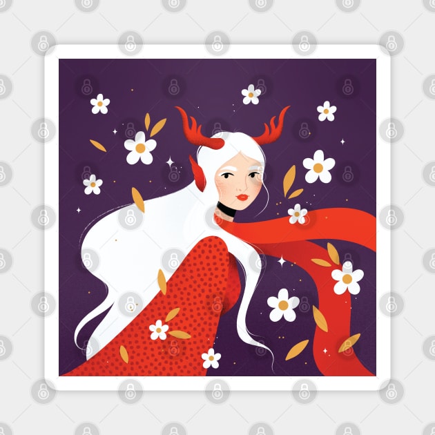 Lovely red dragon lady with pretty white flowers Magnet by iulistration