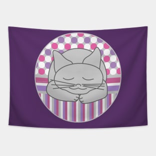 Sleeping Gray Cat Pink Pattern Oval Tapestry