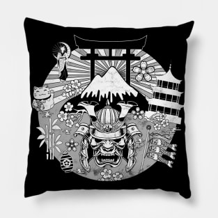 Japan Symbols Retro Samurai Torii Gate Pagoda Geisha Fuji Sakura Japanese Art 622 Pillow