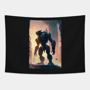 Giant futuristic robot cyborg monster attacking the city Tapestry